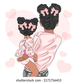 Mother and child, little daughter in mother's arms with beautiful hairstyles, cute mother love illustration, mom vector illustration, mother's day greeting card.