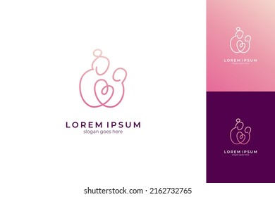 Mother and child logo with heart shape in the middle, linear line design style, simple and unique, available in several previews with different colors and backgrounds