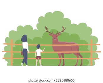 Mother and child look at a deer in the zoo. Herbivore mammal with horns. Wild animal. Family weekend and leisure. Cartoon vector illustration isolated on white background