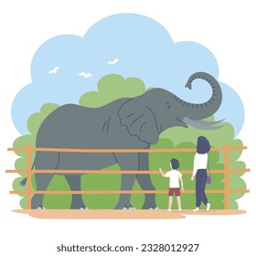 Mother and child look at a elephant in the zoo. Big african herbivore mammal with trunk and tusks. Wild animal. Family weekend and leisure. Cartoon vector isolated illustration