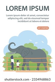 Mother and child look at a elephant in the zoo. Big african herbivore mammal with trunk and tusks. Wild animal. Family weekend and leisure. Cartoon vector illustration. Design for website, banner