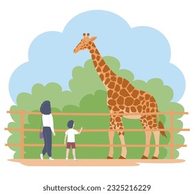 Mother and child look at a giraffe in the zoo. African herbivore mammal. Wild animal. Weekend and leisure. Cartoon vector illustration