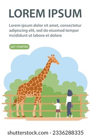 Mother and child look at a giraffe in the zoo. African herbivore mammal. Wild animal. Weekend and leisure. Cartoon vector illustration. Design for website, banner