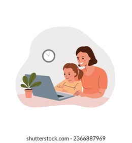 Mother and child look at a laptop. Mother helping daughter study online. Vector cartoon flat style illustration