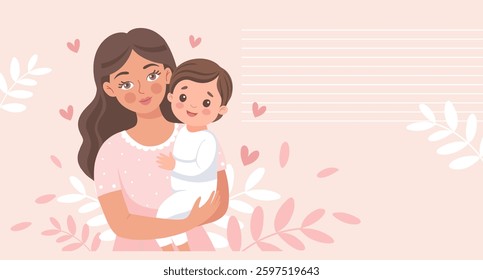 Mother and child in loving embrace on pink floral background. Happy mother holding her son in her arms. Mother's day card. Flat style illustration.