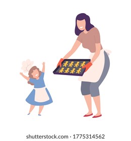 Mother And Child Making Cookies Together, Mom Holding Baking Tray with Homemade Pastries, Parent and Kid Having Good Time at Home Flat Style Vector Illustration