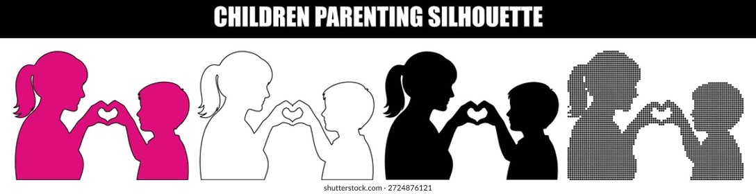 Mutter und Kind machen eine Herzform mit Händen Silhouetten Vektorsatz