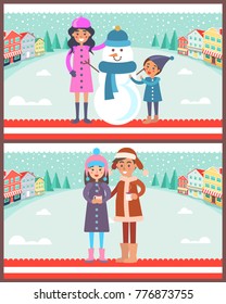 Mother and child making photo near snowman in hat and scarf, man and woman cups of hot drinks vector illustrations on winter cityscape with buildings