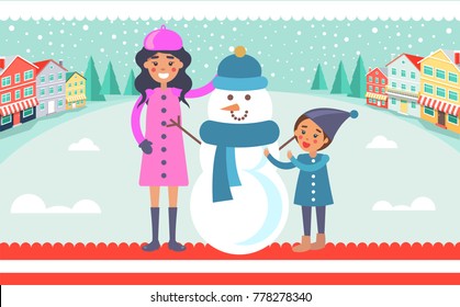 Mother and child making snowman vector on background of city landscape. Mom and son near funny winter creature made of snow in blue scarf and hat