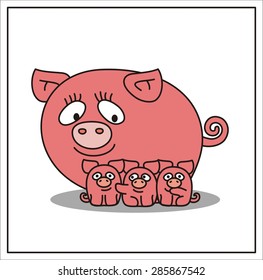 Mother and child. Mama and three little pigs in cartoon style. 