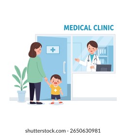 Mother and child at a medical clinic, doctor greets them from inside.