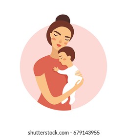 Mother and child. Mom and baby. Icon in flat design. Vector cartoon illustration. White isolated. For card, poster, banner, postcard, brochure. Mother's day. 