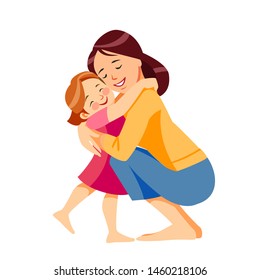 Mother and child. Mom hugging her daughter with a lot of love and tenderness. Mother's day, holiday concept. Cartoon flat isolated vector design.