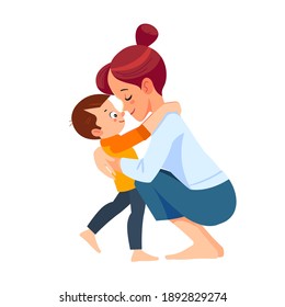 Mother and child. Mom hugging her son with a lot of love and tenderness. Mother's day, holiday concept. Cartoon flat isolated vector design.