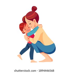 Mother and child. Mom hugging her son with a lot of love and tenderness. Mother's day, holiday concept. Cartoon flat isolated vector design.