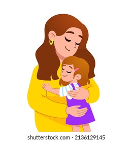 Mother and child. Mom hugging her daughter with a lot of love and tenderness. Mother's day, holiday concept. Cartoon flat isolated vector design. Parent and child. 
