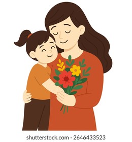 Mãe e filho. Mamãe abraçando a filha com muito amor e ternura. Dia das mães, conceito de feriado. Desenho animado plano isolado vetor design.