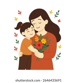 Mãe e filho. Mamãe abraçando a filha com muito amor e ternura. Dia das mães, conceito de feriado. Desenho animado plano isolado vetor design.