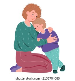 Mother And Child. Mom Hugs Her Son With Great Love And Tenderness. Mom Talking To Baby.Cartoon Flat Isolated Vector Design.