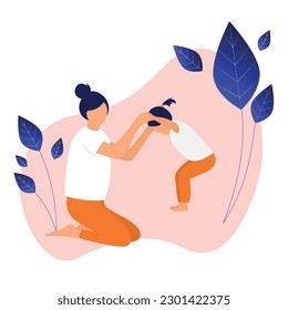 Mother and child. Mom take her daughter's hand with a lot of love and tenderness. Mother's day, holiday concept. Cartoon flat isolated vector design. Playing