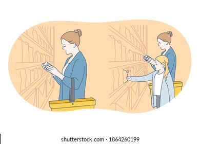 Mother and child, motherhood, activities with children concept. Young happy woman mother cartoon character choosing products in grocery store with blonde daughter illustration 