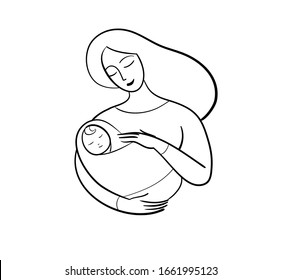 Mother with child. Motherhood. Hand drawn. Black on white. Line art. Logo. Illustration.