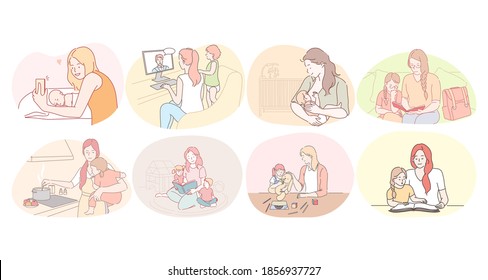 Mother and child, motherhood, home activities with children concept. Young women mothers feeding, playing, chatting online, reading, cooking and making selfie with children at home illustration 