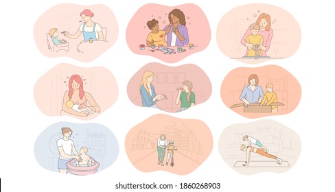 Mother and child, motherhood, home activities with children concept. Young women mothers feeding, playing, drawing, washing, practicing yoga, communicating and teaching children vector illustration 