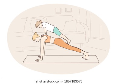 Mother and child, motherhood, home activities with children concept. Young woman mother practicing yoga on fitness mat together with small daughter standing on her back at home vector illustration 