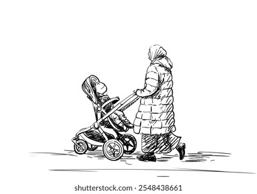 Mother with child, Muslim woman in long skirt, headscarf and down jacket walking with baby in stroller, Hand drawn illustration, Vector sketch