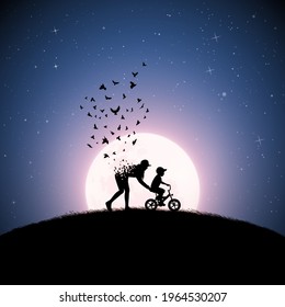 Mother and child on bike. Death and afterlife. Full moon silhouette