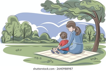 mother with child on picnic on sunny day in park