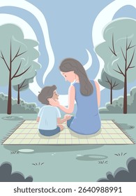 mother with child on picnic on sunny day in park