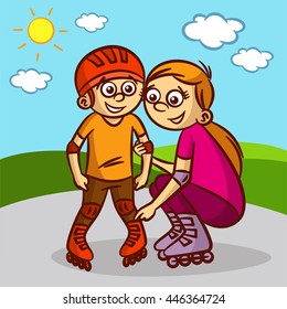 Mother and child on roller skates
