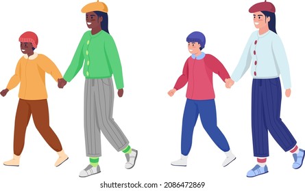 Mother with child on walk semi flat color vector characters set. Dynamic figures. Full body people on white. Winter isolated modern cartoon style illustration for graphic design and animation kit