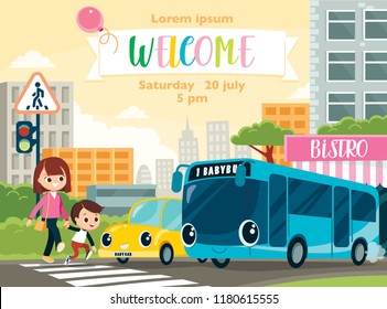Mother and child, pedestrians passing, cross the street by crosswalk. Road traffic safety. Traffic lights. Zebra crossing. Busy street. Bus. Car.