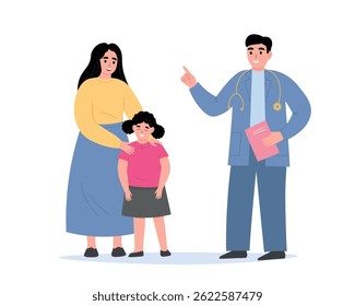 Mother with child at the pediatrician's appointment. Vector flat graphics.