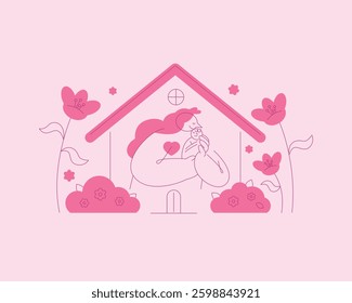 Mother and child in a pink house with flowers. Mother's Day Event