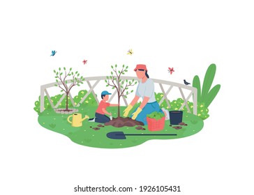 Mother with child planting tree flat color vector faceless characters. Family activity. Outdoor work. Spring garden maintenance isolated cartoon illustration for web graphic design and animation