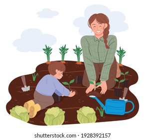 Mother and child are planting vegetable seedlings in their garden. Vector illustrations about nature and eco-friendly life.