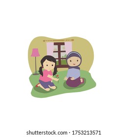 mother and child playing playing ball together in the house, illustration vector, white background