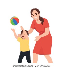 Mother and Child Playing with a Beach Ball. Flat vector illustration isolated on white background