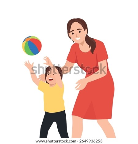 Mother and Child Playing with a Beach Ball. Flat vector illustration isolated on white background