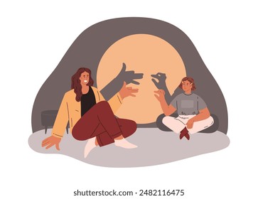 Mother with child playing, making shadows with hands. Hand gestures shadow theater, showing dog and chicken from palms and fingers vector illustration. Cartoon gaming animal puppet theatrical action