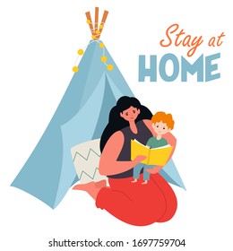 Mother and child practicing social distancing. Stays at home, reading a book. Vector social illustration during a pandemic virus. Stay home, save lives.