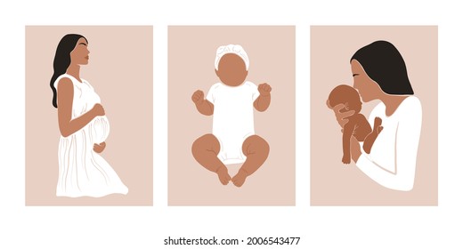 Mother child printable posters. Abstract woman cards contemporary style, pregnancy motherhood concept. Vector illustration