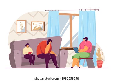 Mother and child at psychologists appointment. Flat vector illustration. Sad woman and boy playing with tablet, sitting on sofa, going into family therapy. Psychotherapy, psychology, help concept