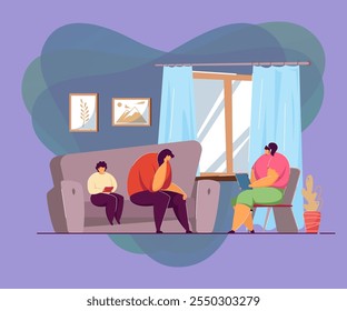 Mother and child at psychologists appointment. Flat vector illustration. Sad woman and boy playing with tablet, sitting on sofa, going into family therapy. Psychotherapy, psychology, help concept