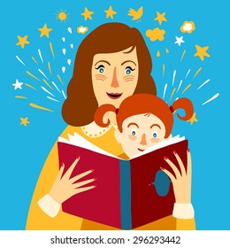  Mother and child reading big book. Vector cartoon illustration about family.