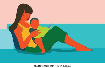 Mother with child reading from a book, lounging on couch.